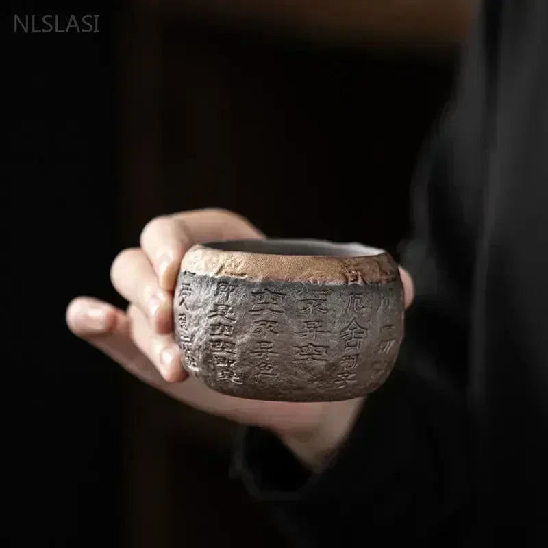 120ml Rough Pottery Handmade Relief Heart Sutra Zen Cup Ceramic Master Individual Single Cup Chinese Portable Tea Cup 1pcs