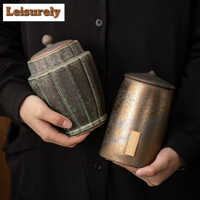 Retro Gilded Iron Glazed  Tea Box Organizer Bamboo Hat Moisture-proof Storage Tank Containers Tea Caddy Chinese Tea Set Craft
